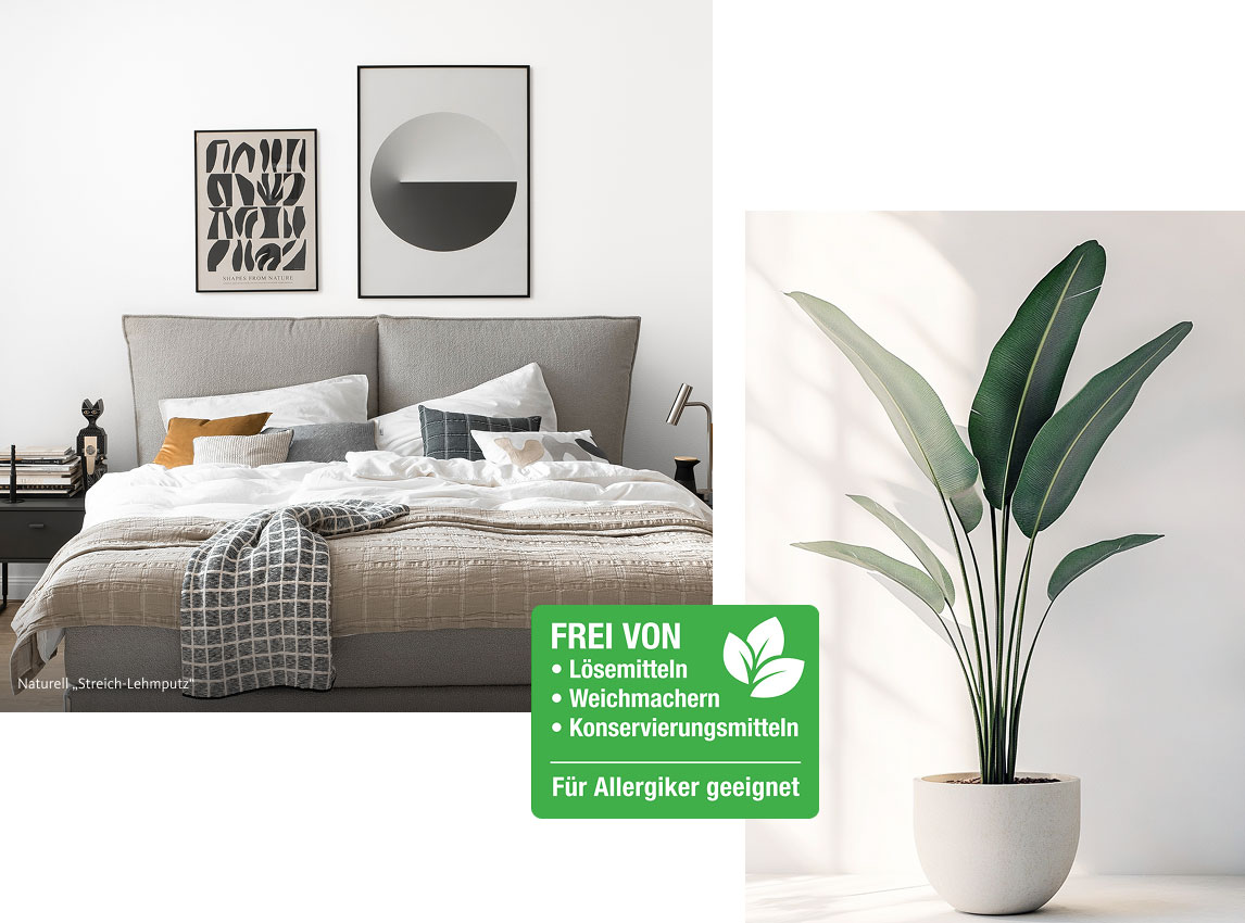 Interior Inspiration zum Thema Gesünder Schlafen in der SCHÖNER-WOHNEN Farbe Naturell "Streich-Lehmputz" frei von Lösemitteln, Weichmachern, Konservierungsmitteln und für Allergiker geeignet